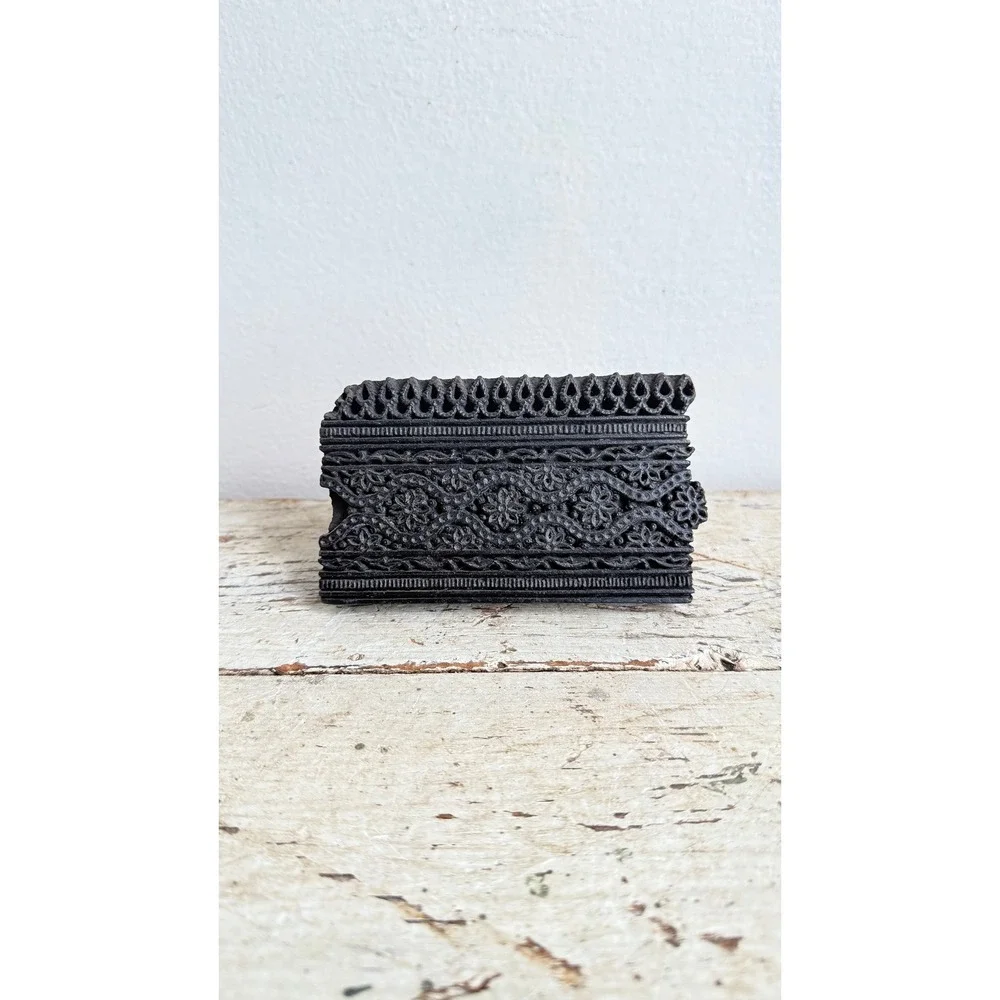 Vintage India Hand Carved Wooden Block Stamp Floral Border Textile Print Tool